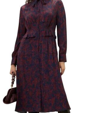 Jason Wu Navy Red Floral Tie Neck Long Sleeve Midi Shirt Dress Size 2